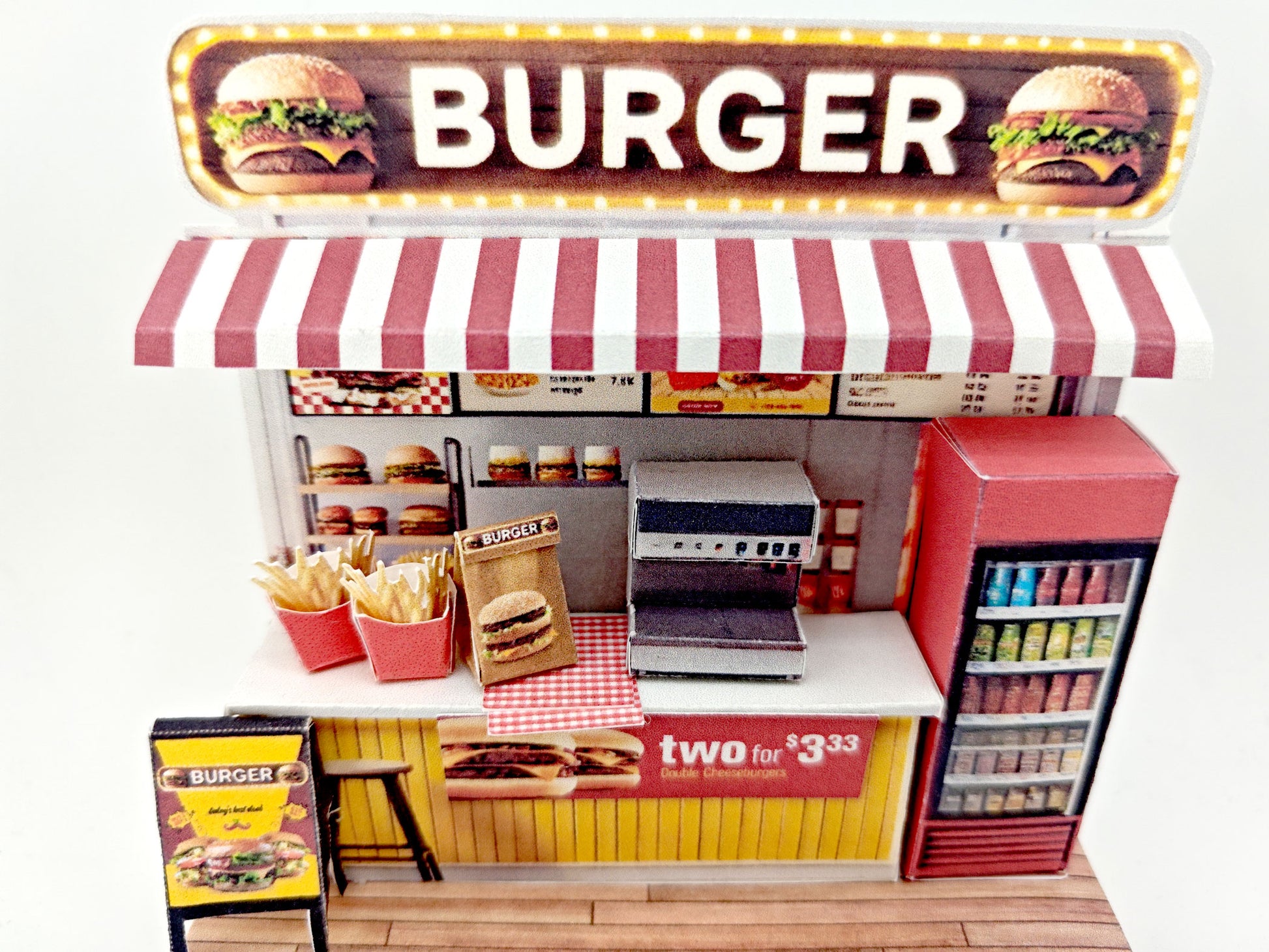 Miniature Burger Shop Craft Kit: 3-Inch Dollhouse Scene (DIY Printable), mini food, mini burger and fries