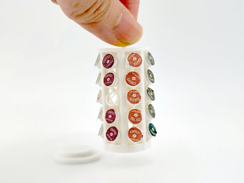 1:12 spinnable Capsule Holder with 40 Coffee Capsules — Miniature Kitchen Appliance STL for Dollhouse Coffee Bar (3D Print File)
