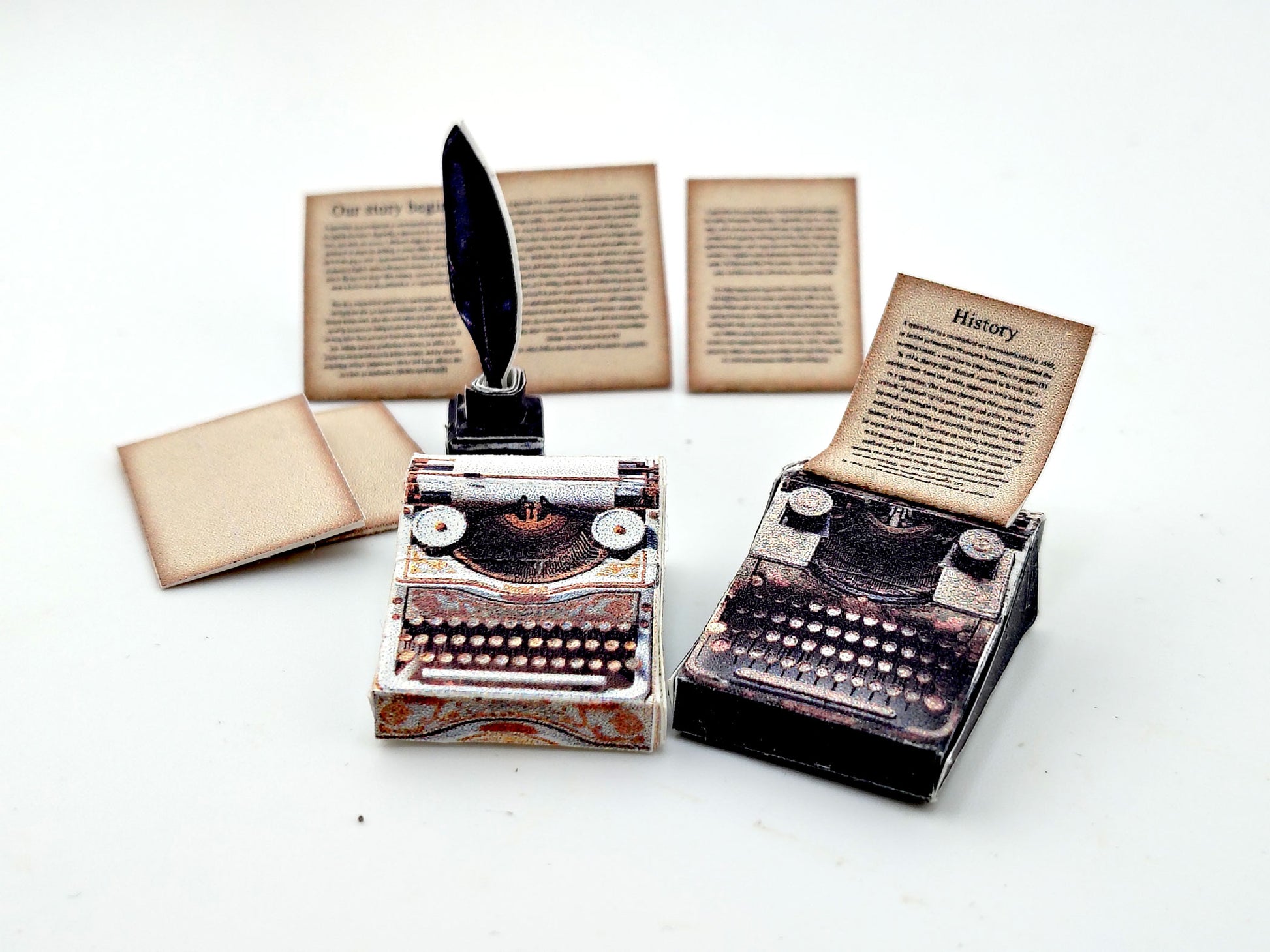 1:12 Vintage 1935 Typewriter Miniature — Black & Gold Dollhouse Desk Accessory with Feather Ink and Old Papers