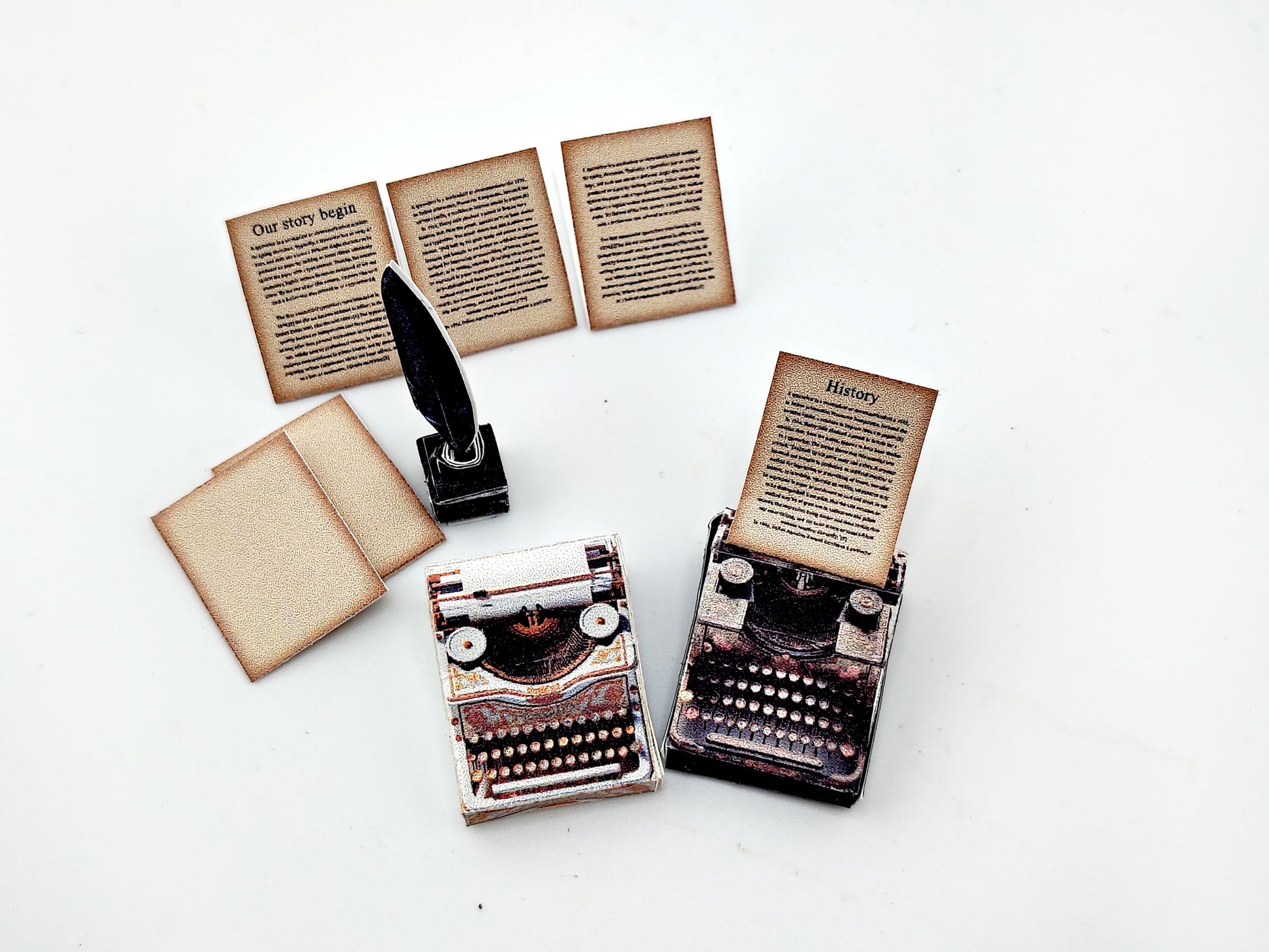 1:12 Vintage 1935 Typewriter Miniature — Black & Gold Dollhouse Desk Accessory with Feather Ink and Old Papers