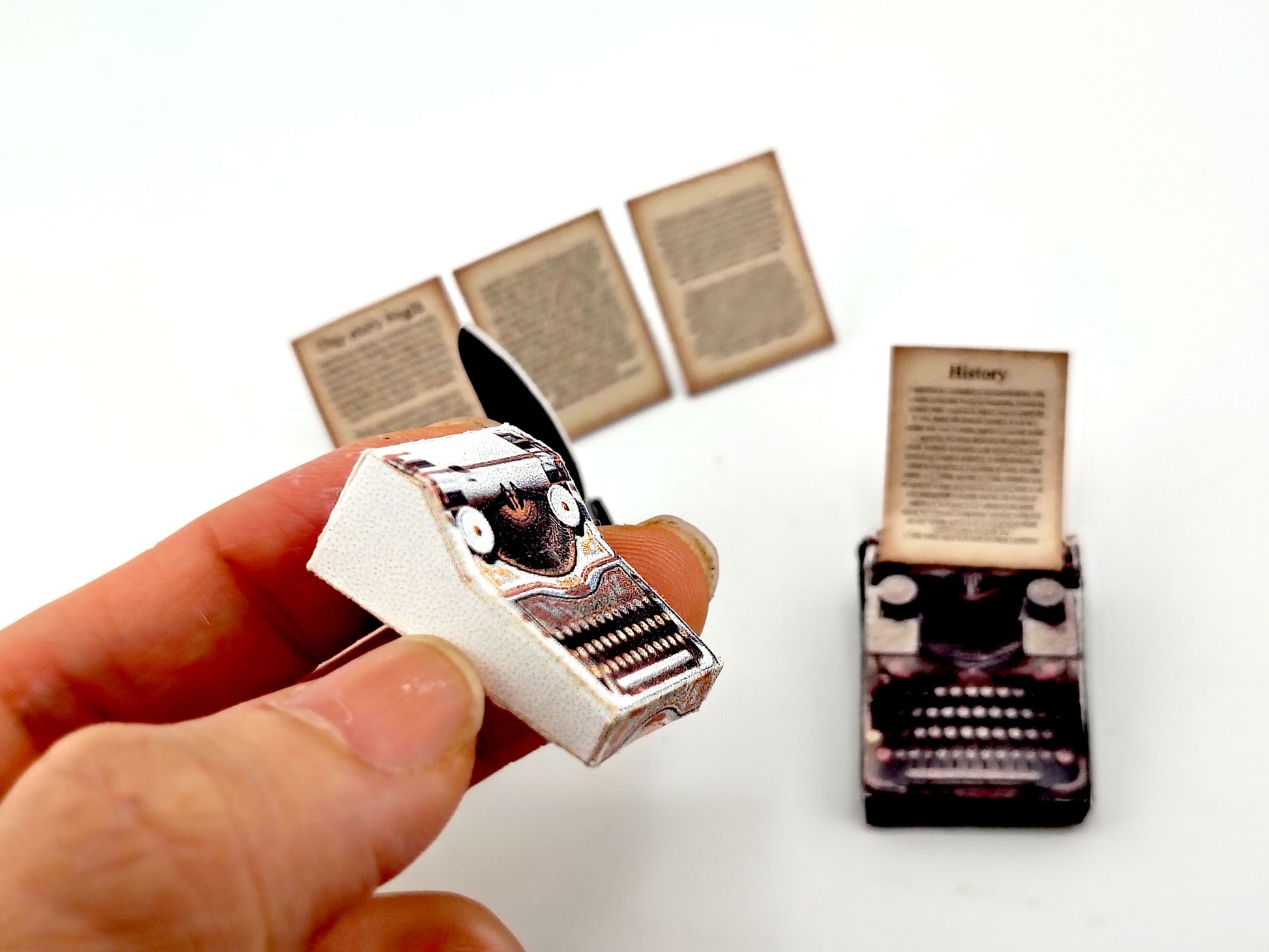 1:12 Vintage 1935 Typewriter Miniature — Black & Gold Dollhouse Desk Accessory with Feather Ink and Old Papers