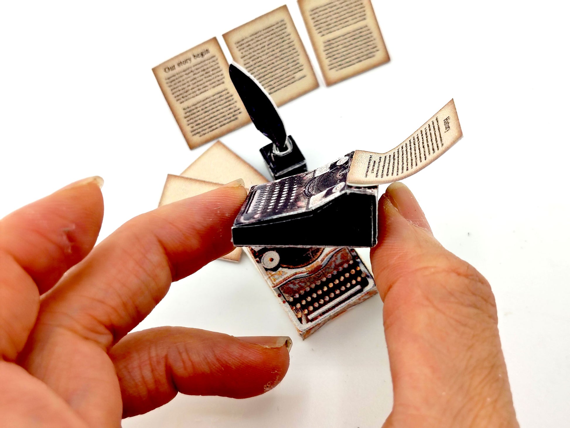 1:12 Vintage 1935 Typewriter Miniature — Black & Gold Dollhouse Desk Accessory with Feather Ink and Old Papers