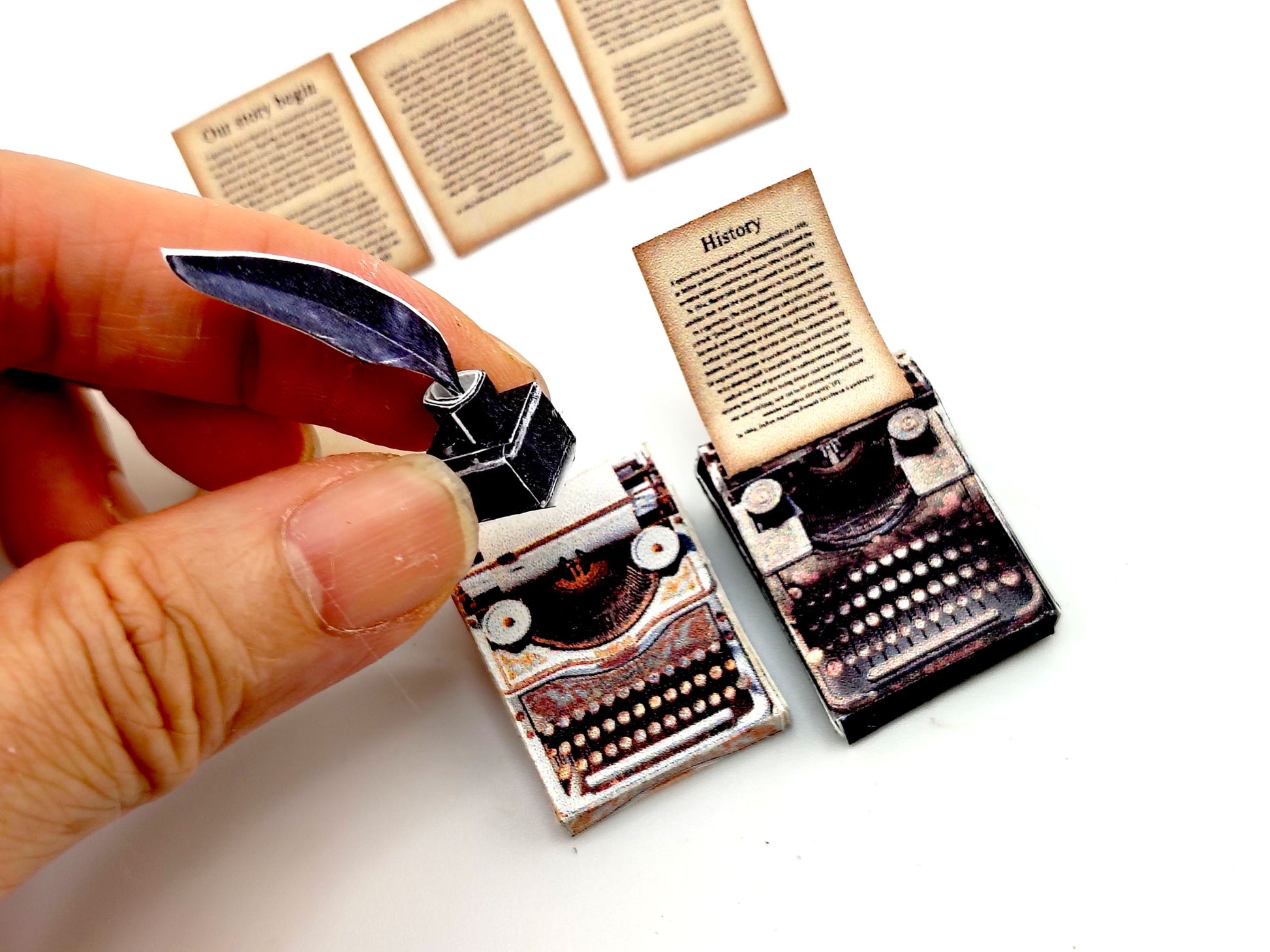 1:12 Vintage 1935 Typewriter Miniature — Black & Gold Dollhouse Desk Accessory with Feather Ink and Old Papers