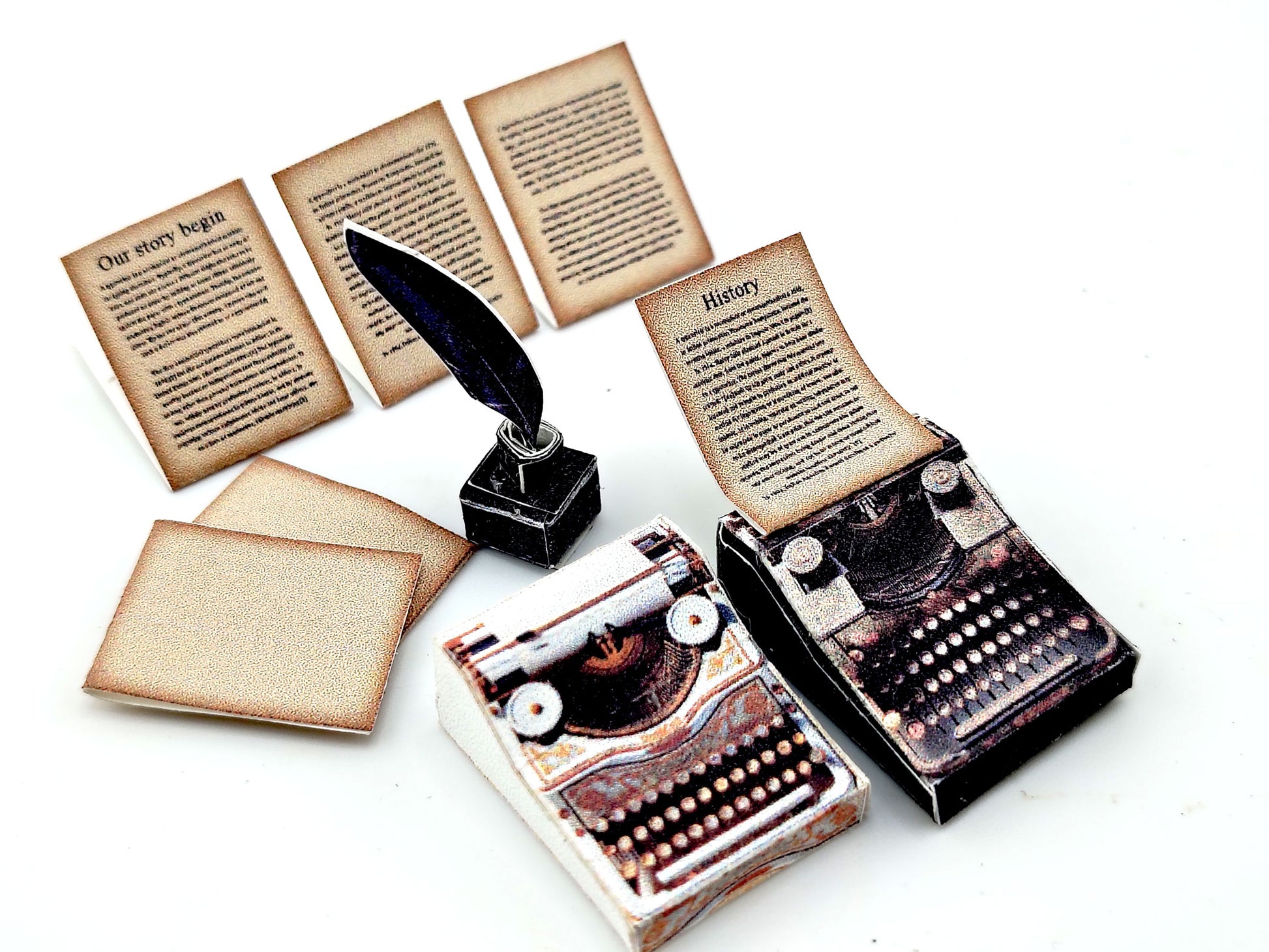 1:12 Vintage 1935 Typewriter Miniature — Black & Gold Dollhouse Desk Accessory with Feather Ink and Old Papers