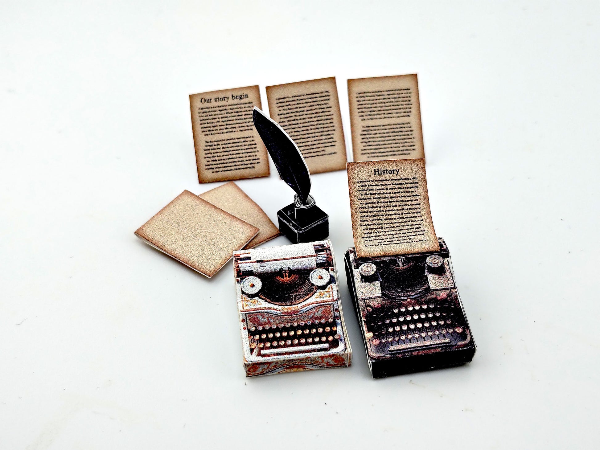 1:12 Vintage 1935 Typewriter Miniature — Black & Gold Dollhouse Desk Accessory with Feather Ink and Old Papers