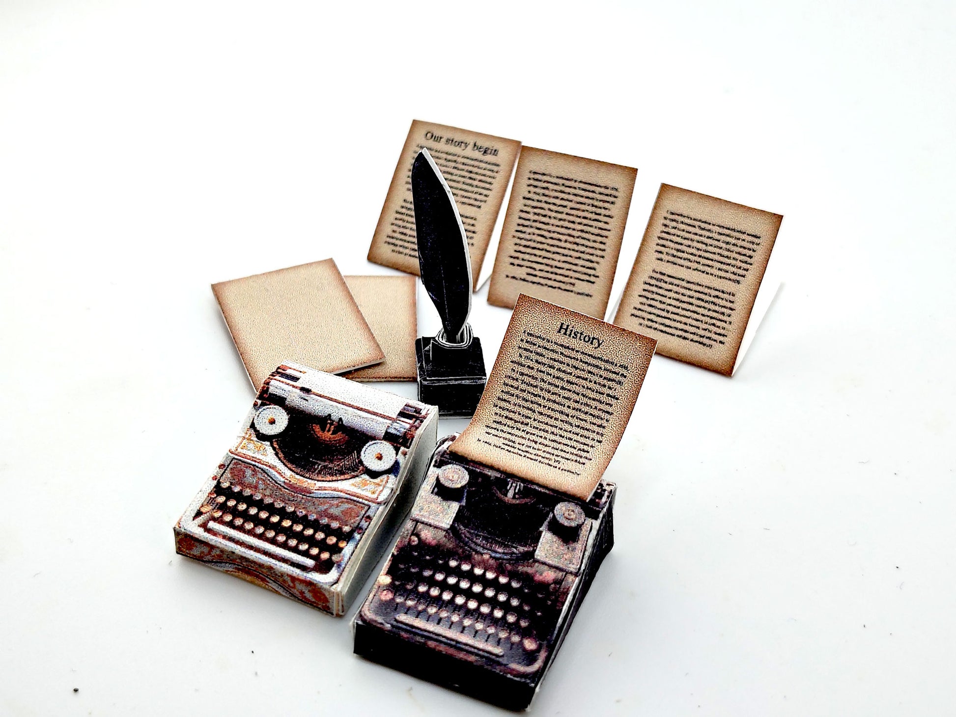 1:12 Vintage 1935 Typewriter Miniature — Black & Gold Dollhouse Desk Accessory with Feather Ink and Old Papers