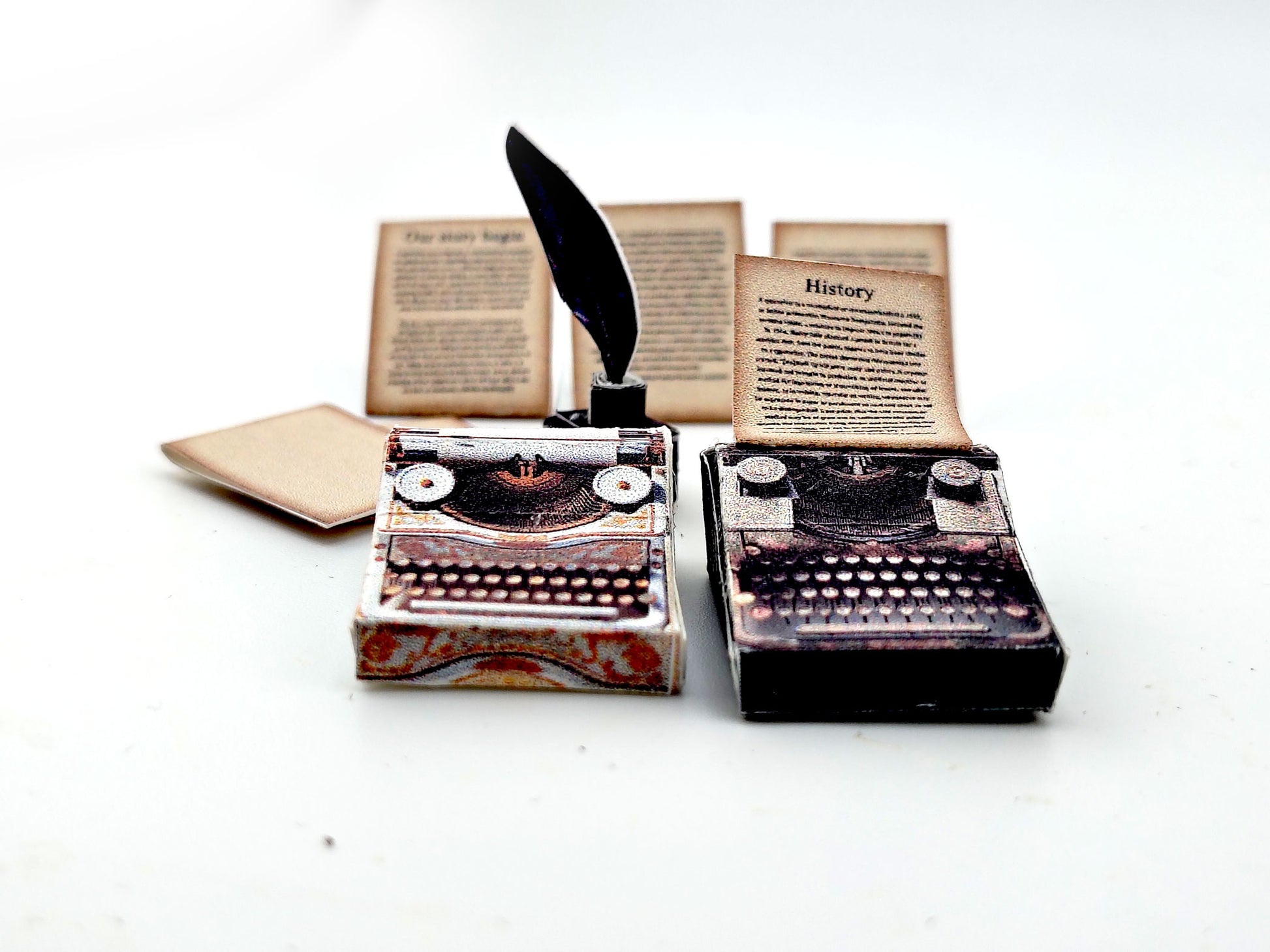1:12 Vintage 1935 Typewriter Miniature — Black & Gold Dollhouse Desk Accessory with Feather Ink and Old Papers