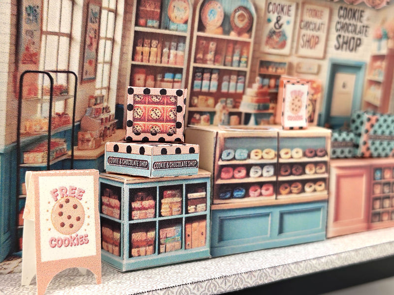 Cookie & Chocolate Shop Miniature , 5x7" DIY Paper Craft Shadow Box Template (Instant Digital Download Gift)