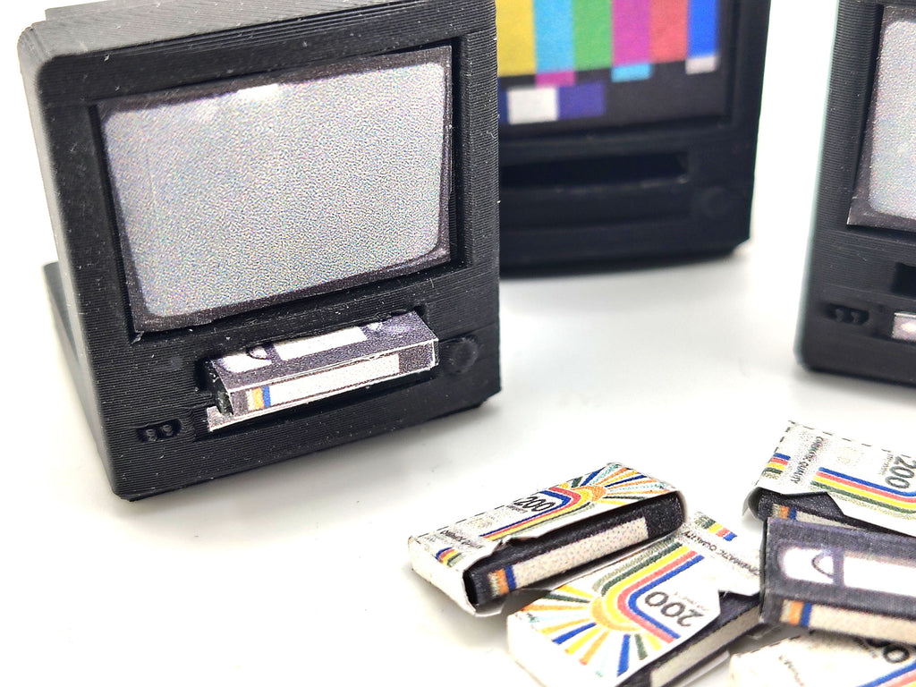 Vintage TV and VHS player 1:12 STL file for dollhouse, included printable sticker, instant download, Bambu lab a1 mini tested