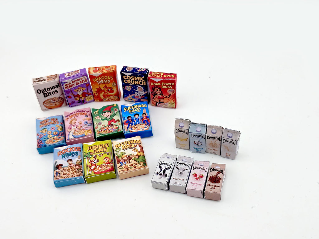 12 Cereral Boxes and 8 Milk boxes for 1:12 dollhouse, mini food items for kitchen diaorma (PDF Printable template)