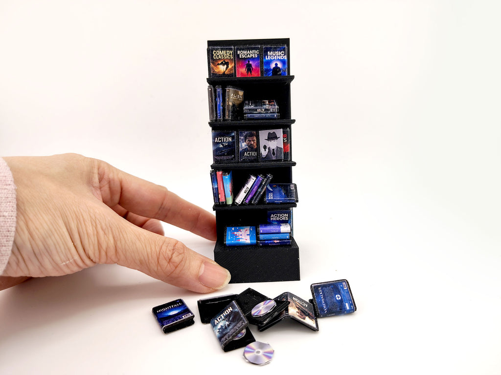 DVD Stand with 42 CD cover STL file for 1:12 dollhouse and shop,  classic movie and music shop diorama