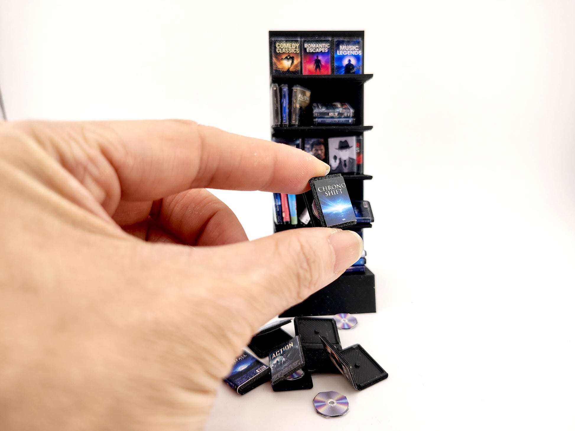 DVD Stand with 42 CD cover STL file for 1:12 dollhouse and shop,  classic movie and music shop diorama