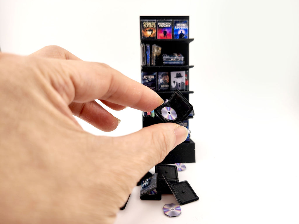 DVD Stand with 42 CD cover STL file for 1:12 dollhouse and shop,  classic movie and music shop diorama