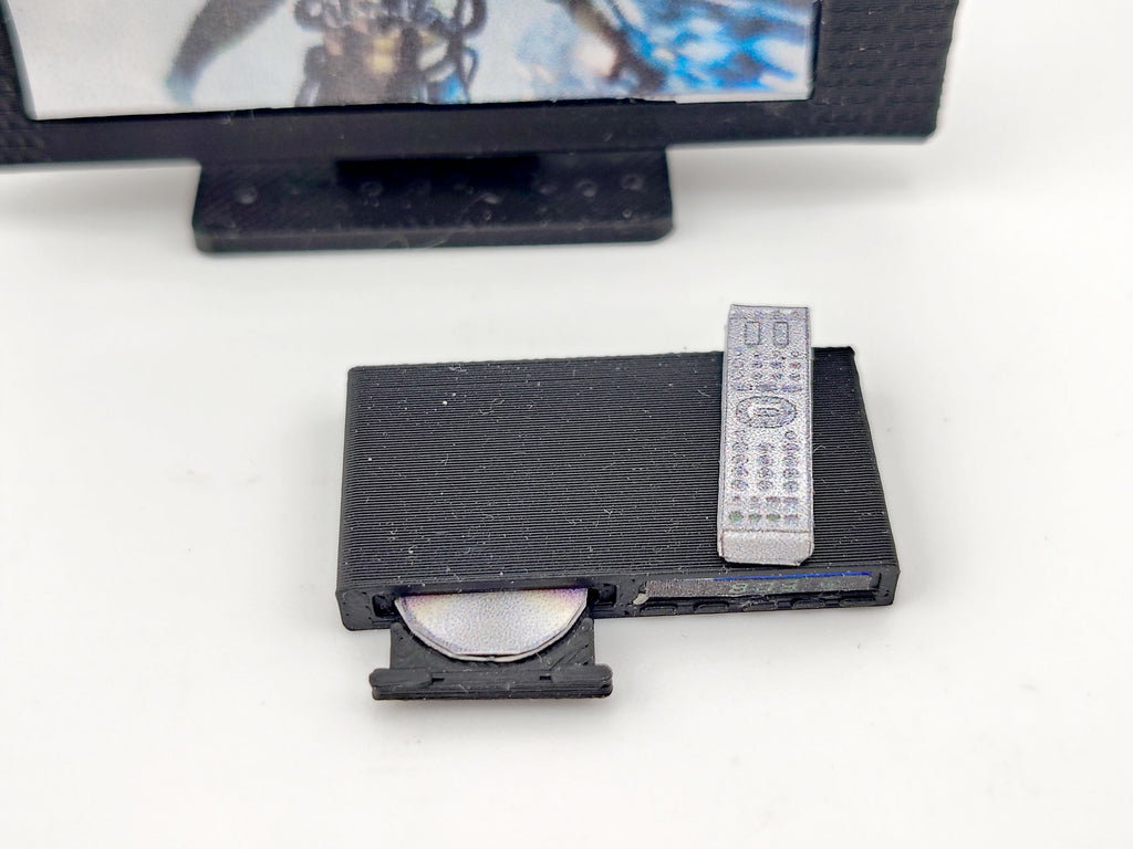 DVD player and television with 3 cd covers STL file for 1:12 dollhouse and shop, classic TV home appliance for living room scene