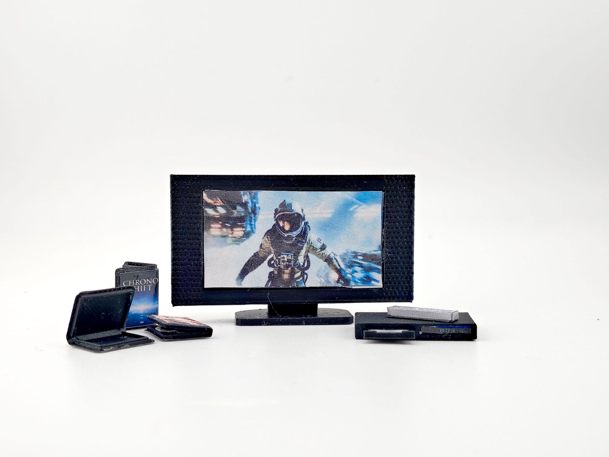 DVD player and television with 3 cd covers STL file for 1:12 dollhouse and shop, classic TV home appliance for living room scene