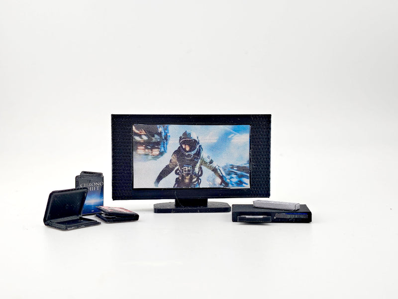 DVD player and television with 3 cd covers STL file for 1:12 dollhouse and shop, classic TV home appliance for living room scene