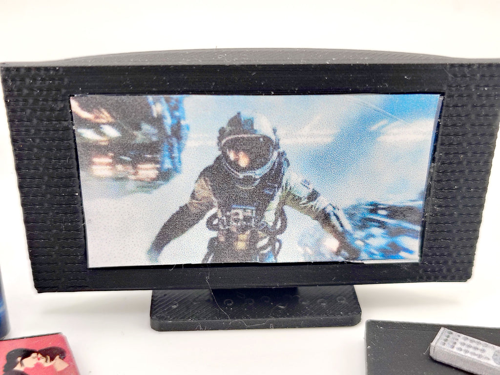 DVD player and television with 3 cd covers STL file for 1:12 dollhouse and shop, classic TV home appliance for living room scene