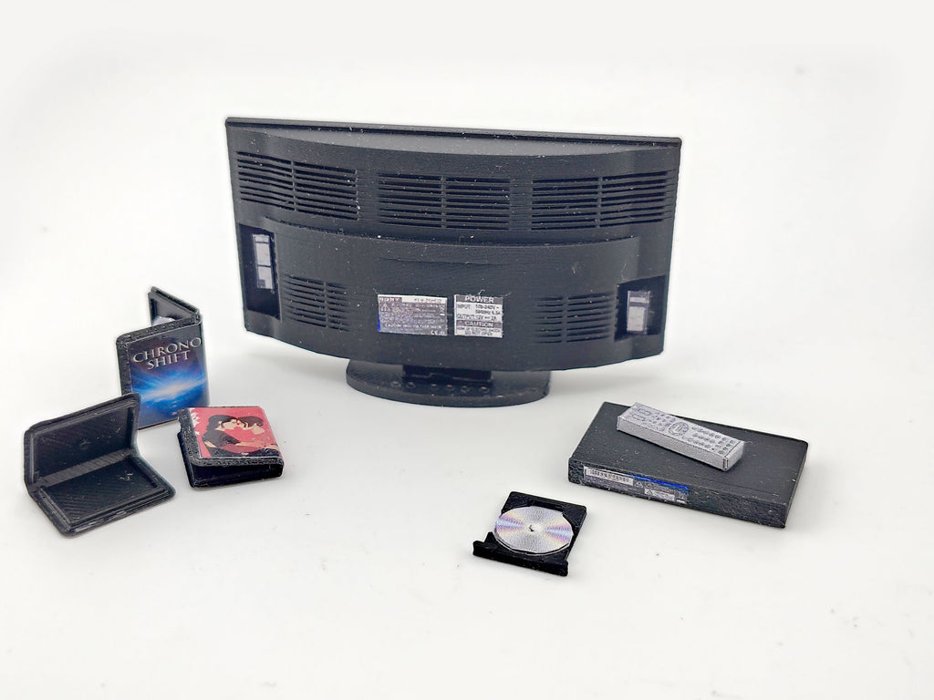 DVD player and television with 3 cd covers STL file for 1:12 dollhouse and shop, classic TV home appliance for living room scene