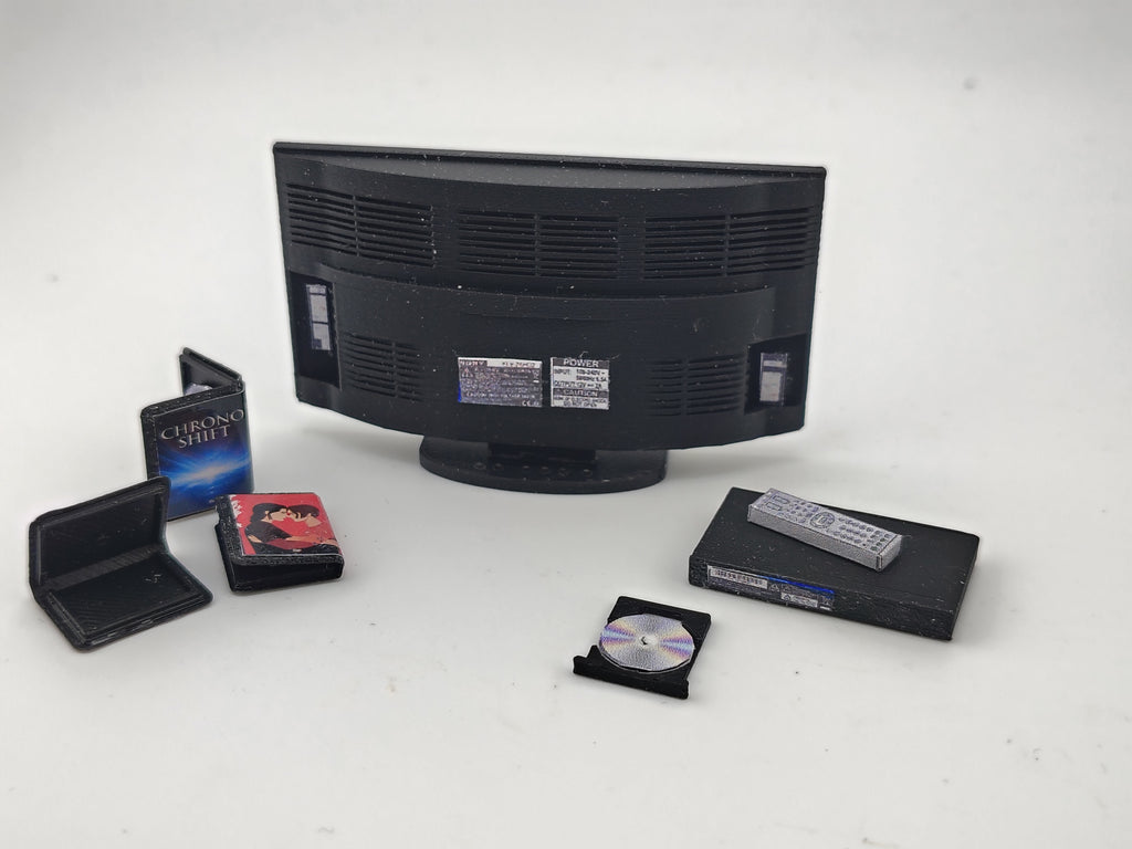 DVD player and television with 3 cd covers STL file for 1:12 dollhouse and shop, classic TV home appliance for living room scene