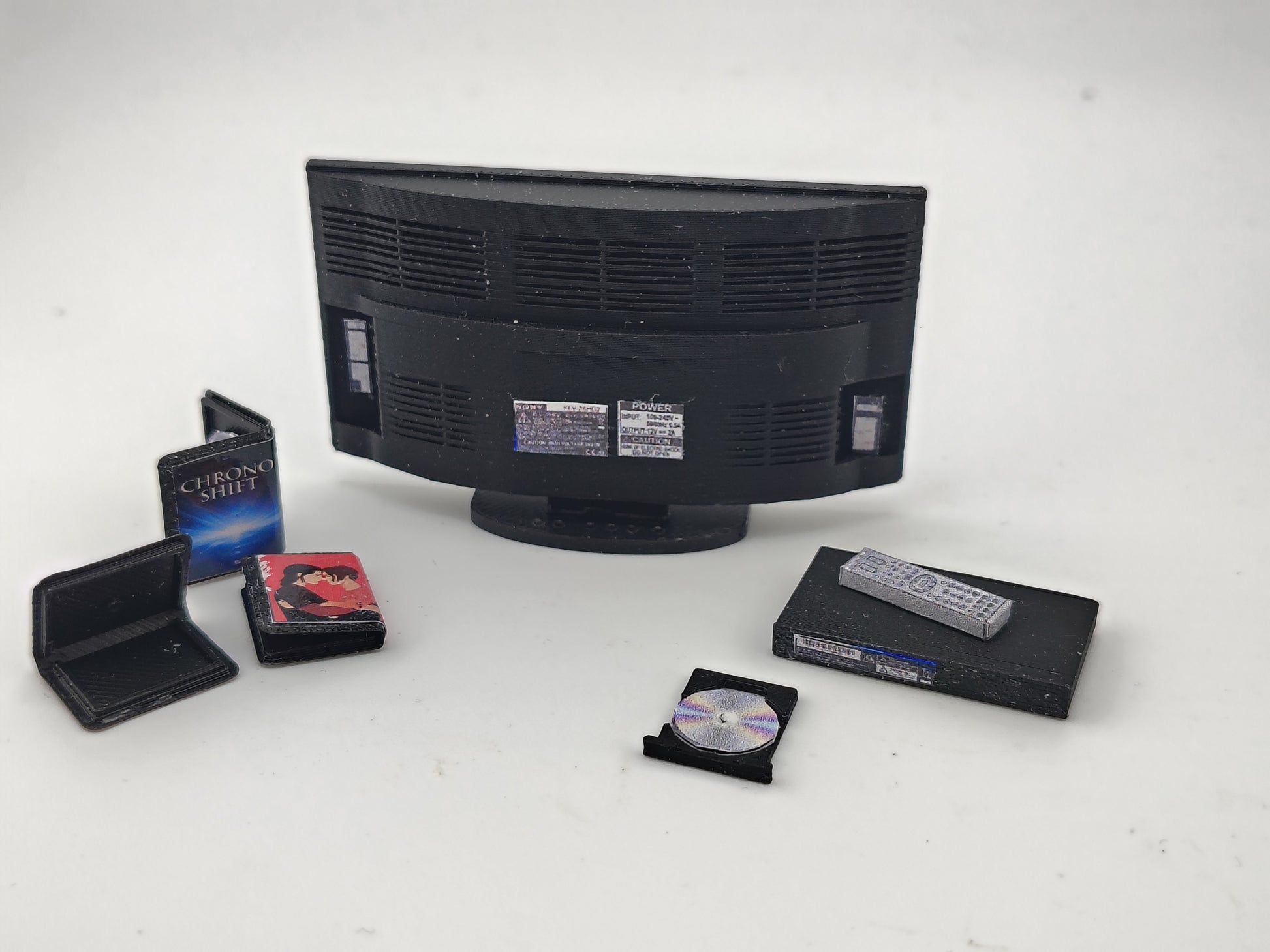 DVD player and television with 3 cd covers STL file for 1:12 dollhouse and shop, classic TV home appliance for living room scene