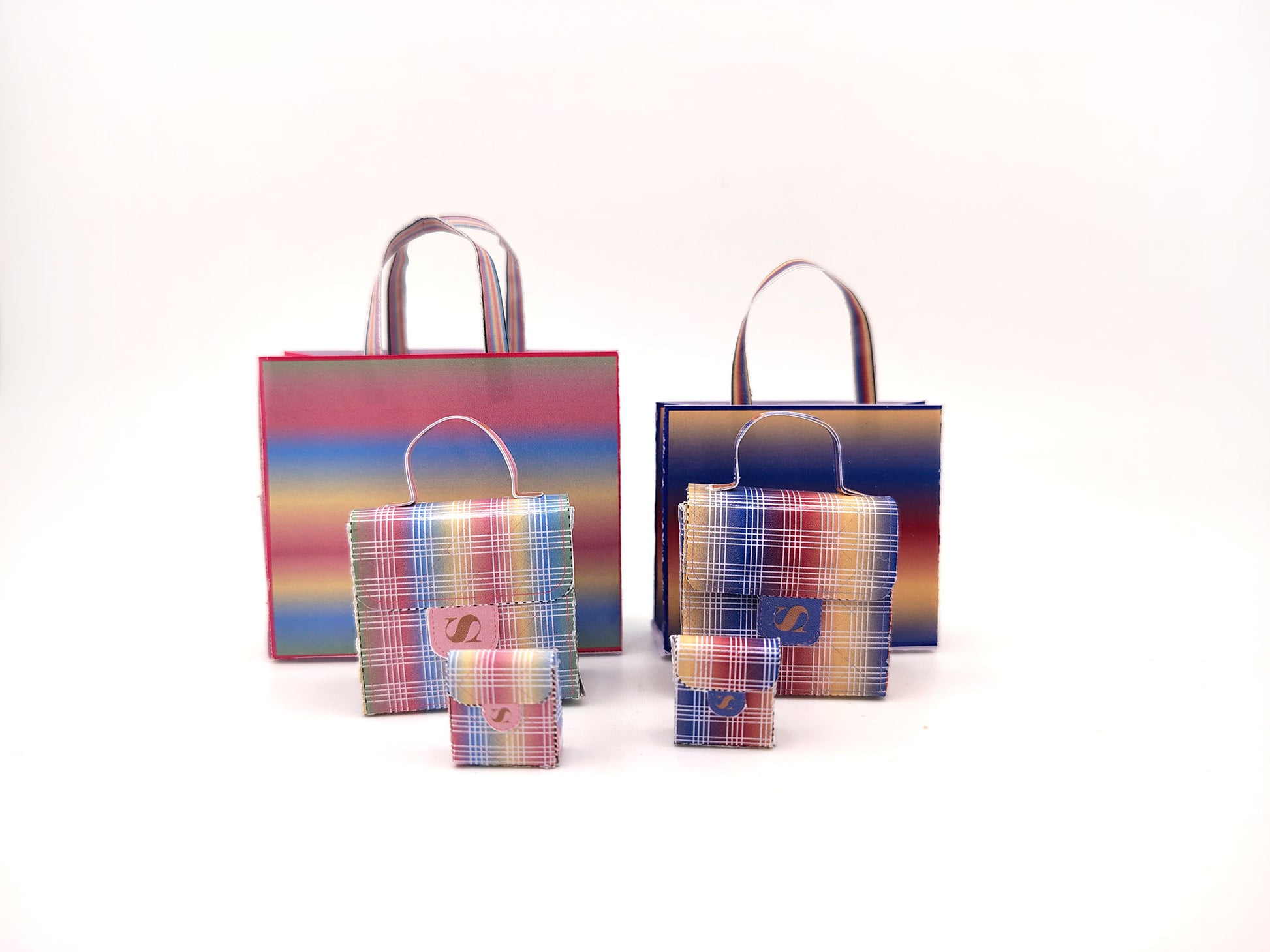 1:6 Rainbow color bags, purse and boxes for dollhouse and department store, 4 items, luxury house decorations, yearly ornament