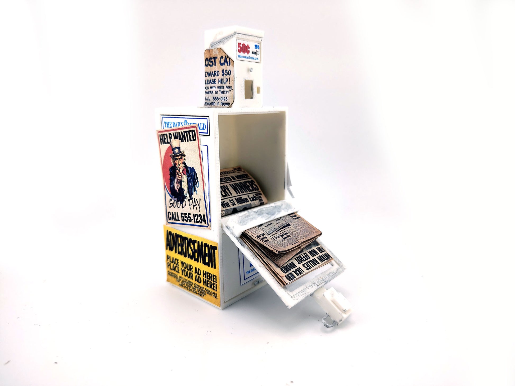 1:12 Vintage Newspaper Vending Machine STL — 20th-Century American Street Scene Miniature (3D Print File, included printed paper, Instant Download)