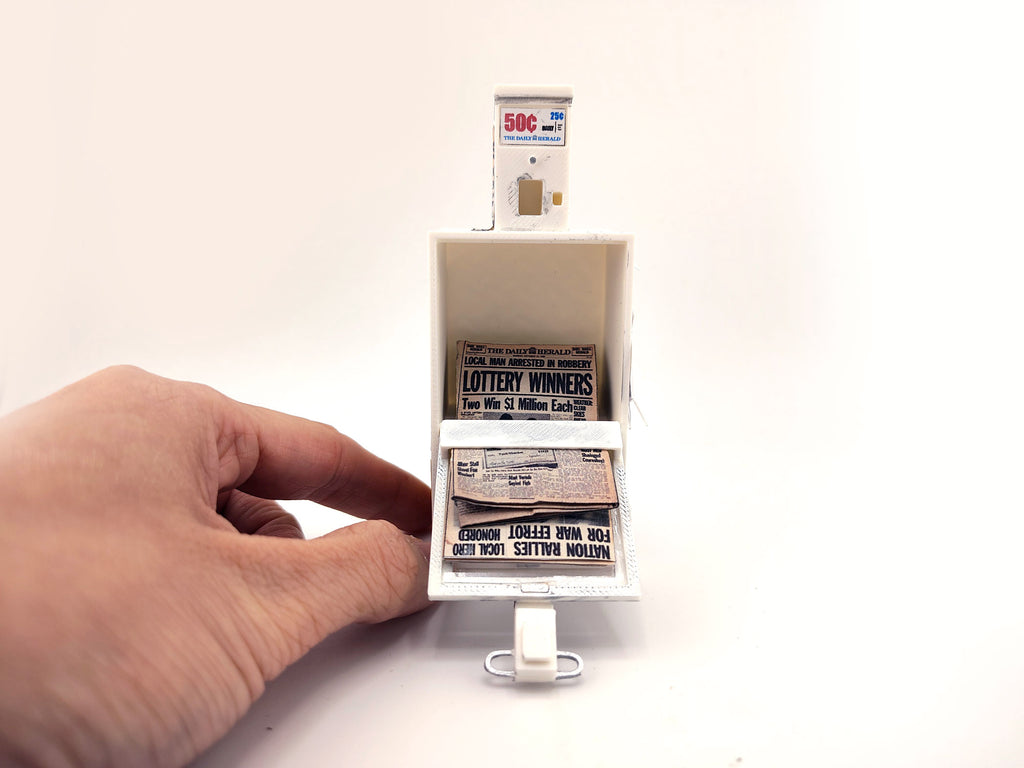 1:12 Vintage Newspaper Vending Machine STL — 20th-Century American Street Scene Miniature (3D Print File, included printed paper, Instant Download)