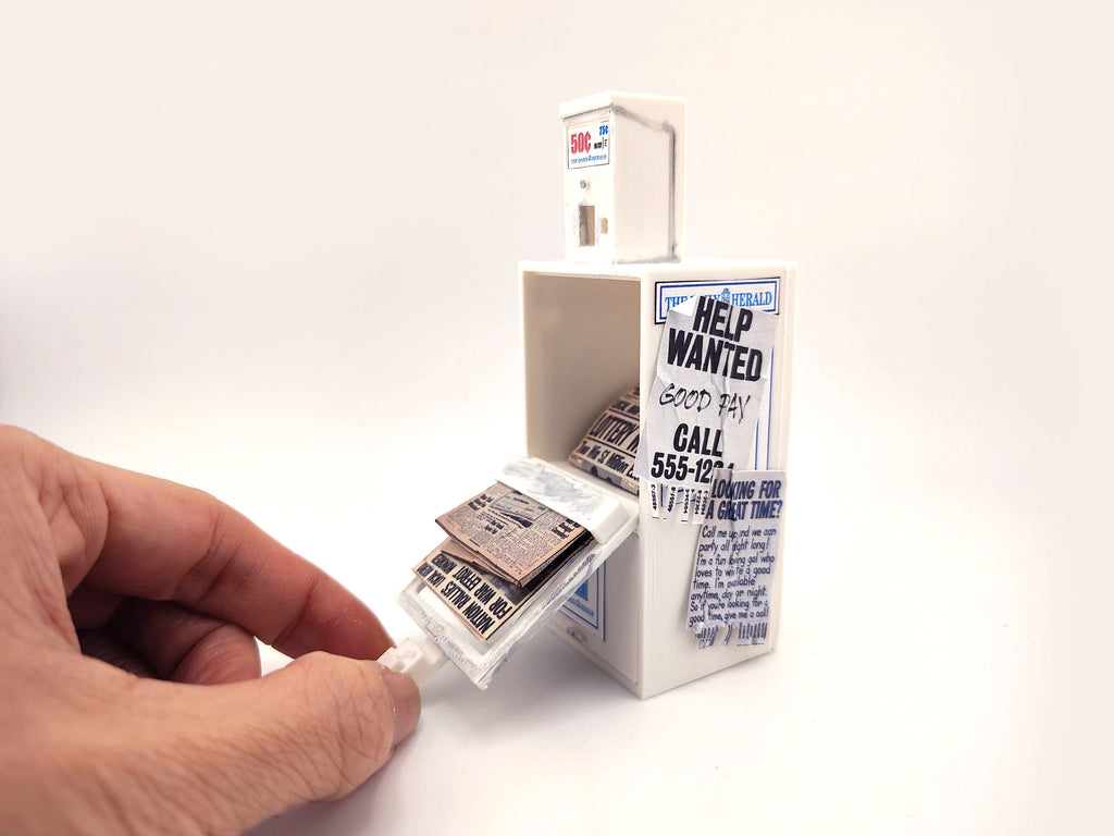 1:12 Vintage Newspaper Vending Machine STL — 20th-Century American Street Scene Miniature (3D Print File, included printed paper, Instant Download)