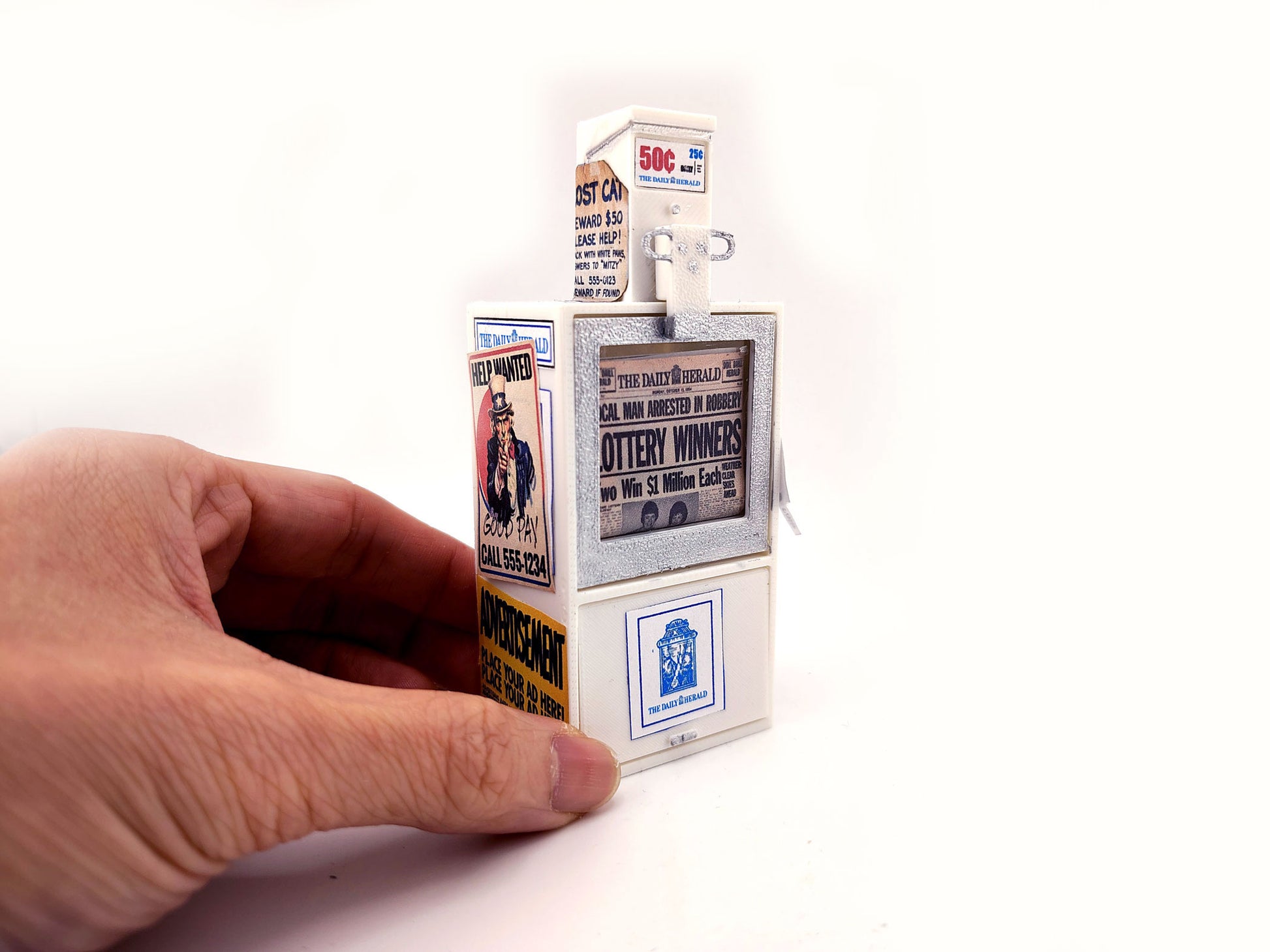 1:12 Vintage Newspaper Vending Machine STL — 20th-Century American Street Scene Miniature (3D Print File, included printed paper, Instant Download)