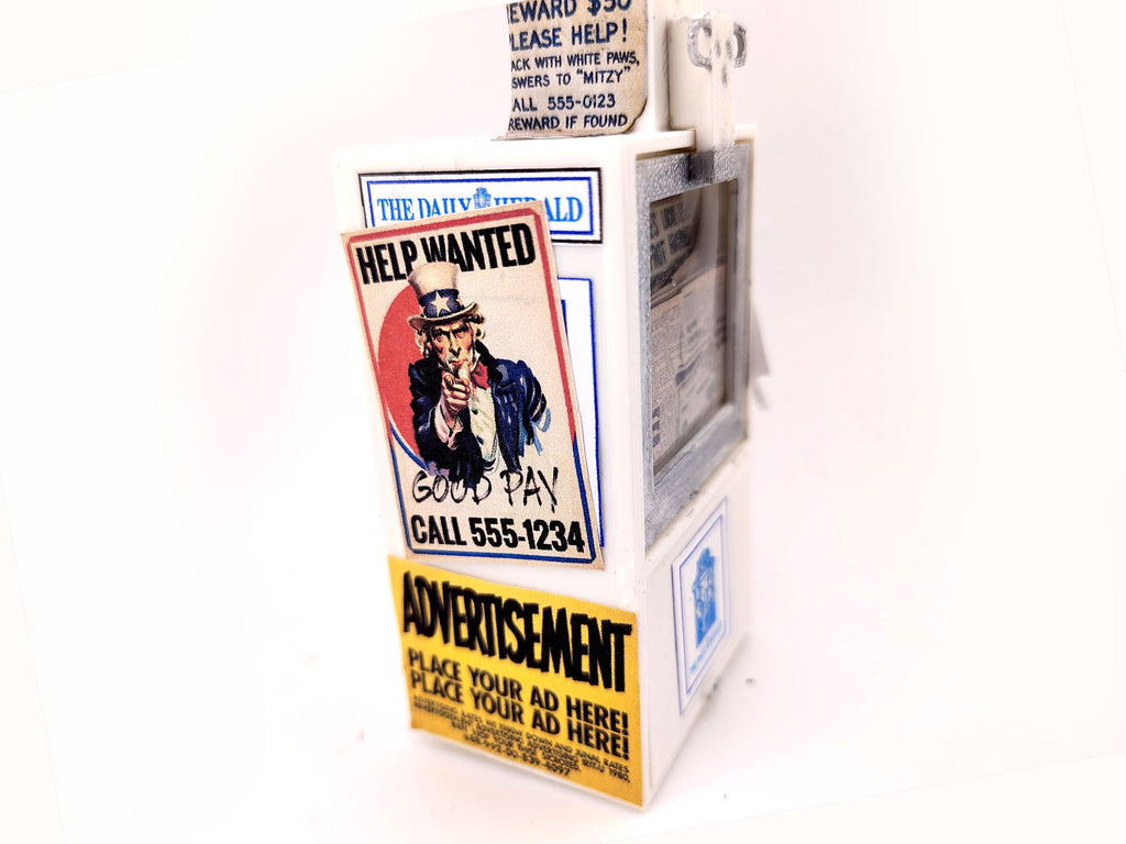 1:12 Vintage Newspaper Vending Machine STL — 20th-Century American Street Scene Miniature (3D Print File, included printed paper, Instant Download)