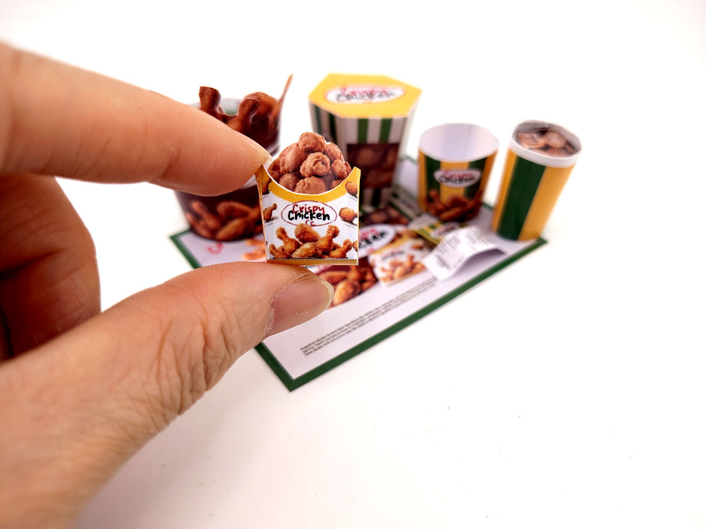 1:6 scale 10 piece Deep Fried Chicken Bucket night meal set Printable Dollhouse Fast Food for doll - yellow and green