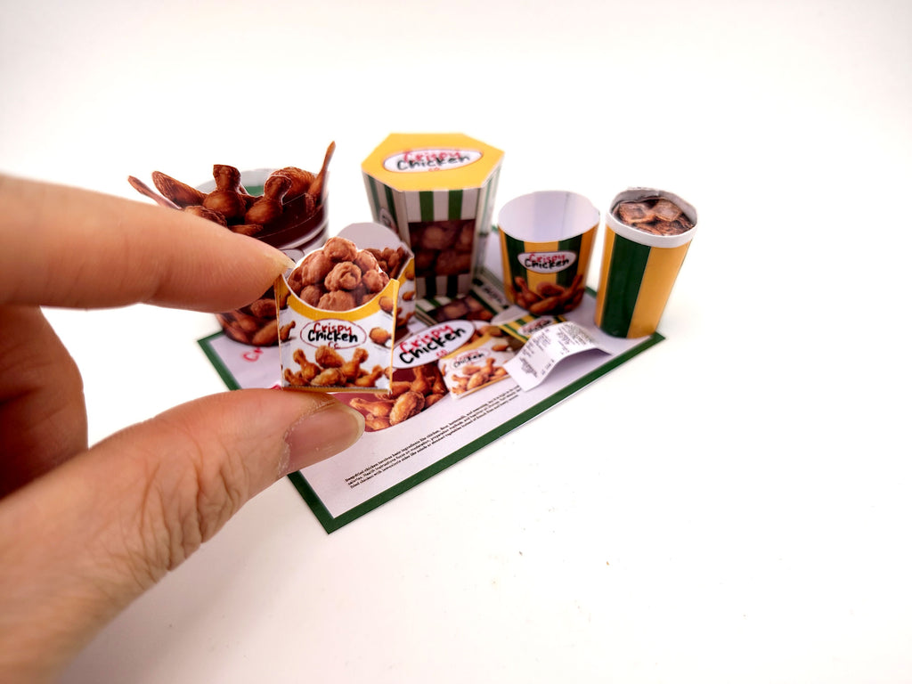 1:6 scale 10 piece Deep Fried Chicken Bucket night meal set Printable Dollhouse Fast Food for doll - yellow and green