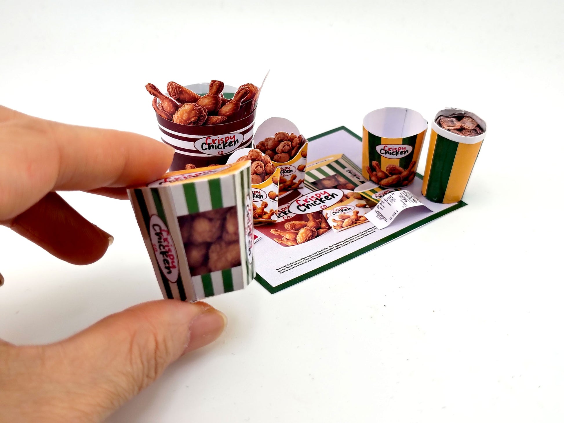 1:6 scale 10 piece Deep Fried Chicken Bucket night meal set Printable Dollhouse Fast Food for doll - yellow and green