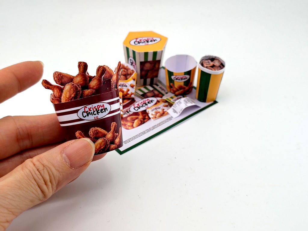 1:6 scale 10 piece Deep Fried Chicken Bucket night meal set Printable Dollhouse Fast Food for doll - yellow and green