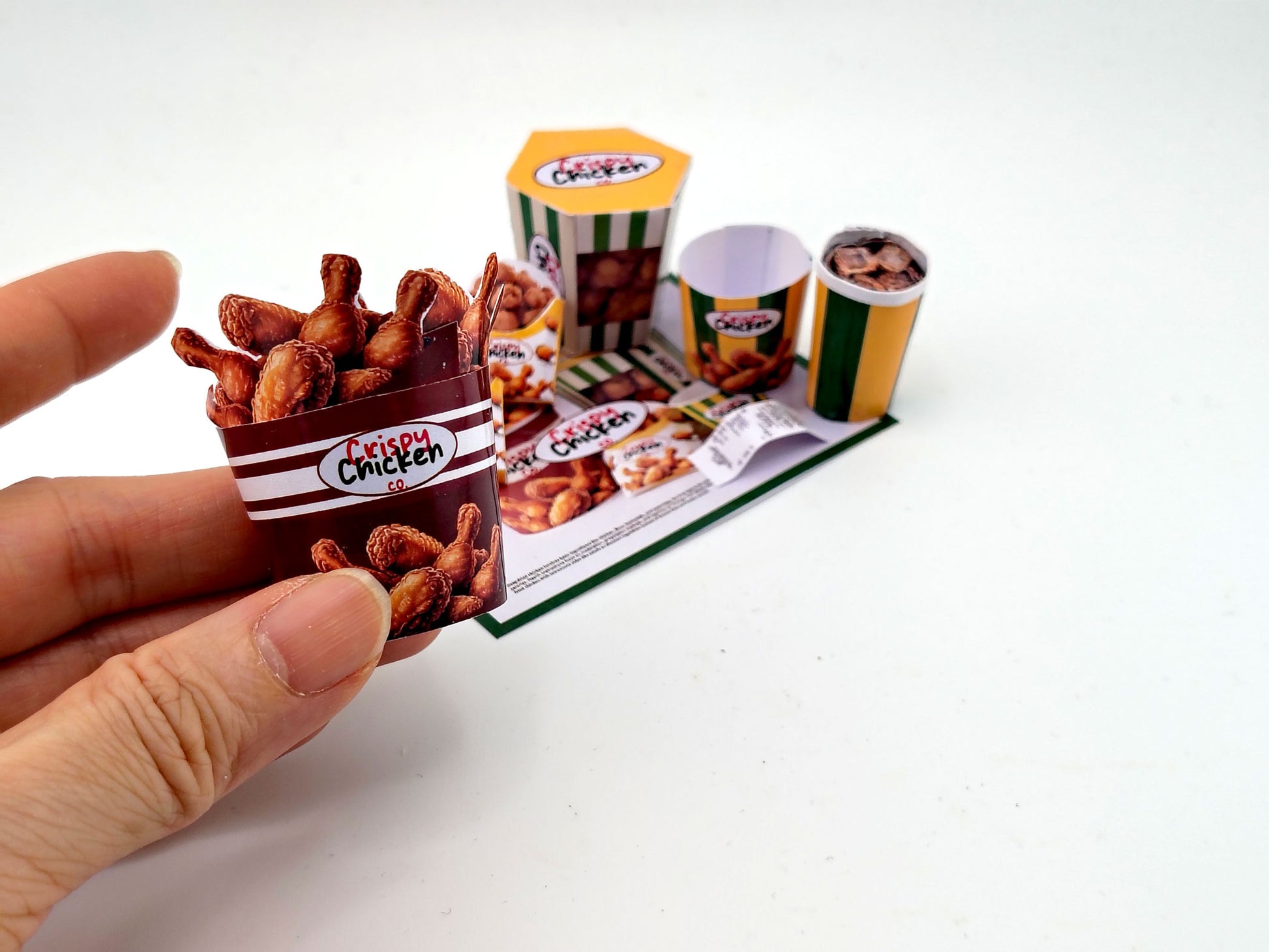 1:6 scale 10 piece Deep Fried Chicken Bucket night meal set Printable Dollhouse Fast Food for doll - yellow and green