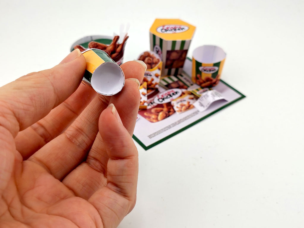 1:6 scale 10 piece Deep Fried Chicken Bucket night meal set Printable Dollhouse Fast Food for doll - yellow and green