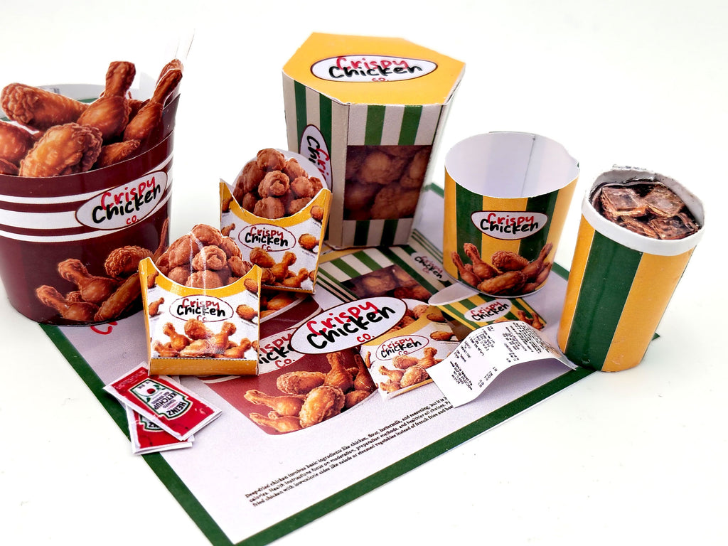 1:6 scale 10 piece Deep Fried Chicken Bucket night meal set Printable Dollhouse Fast Food for doll - yellow and green