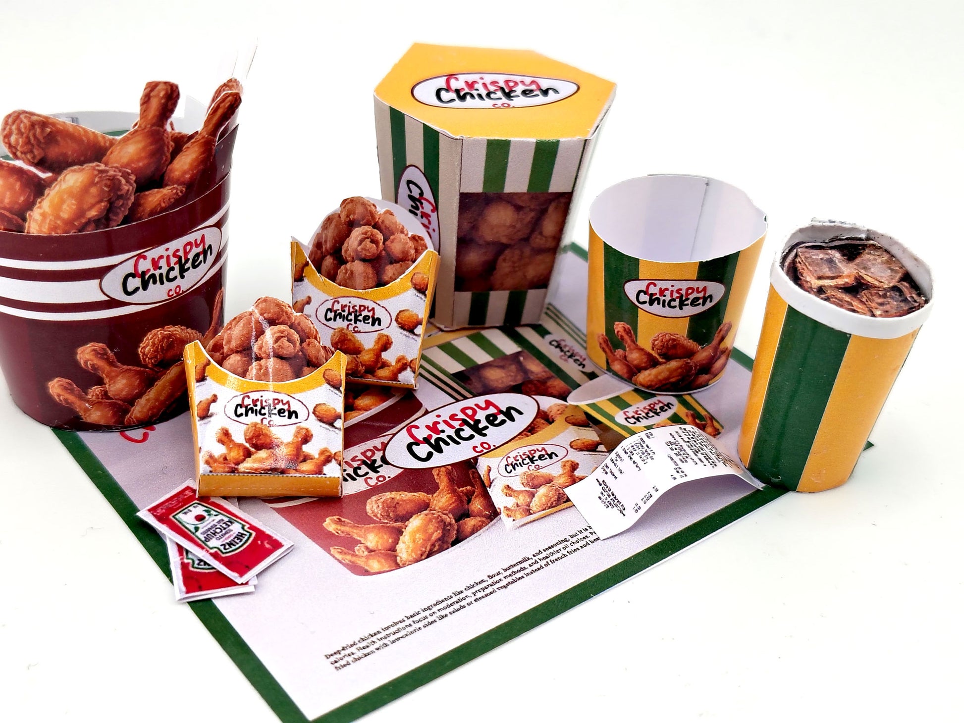 1:6 scale 10 piece Deep Fried Chicken Bucket night meal set Printable Dollhouse Fast Food for doll - yellow and green