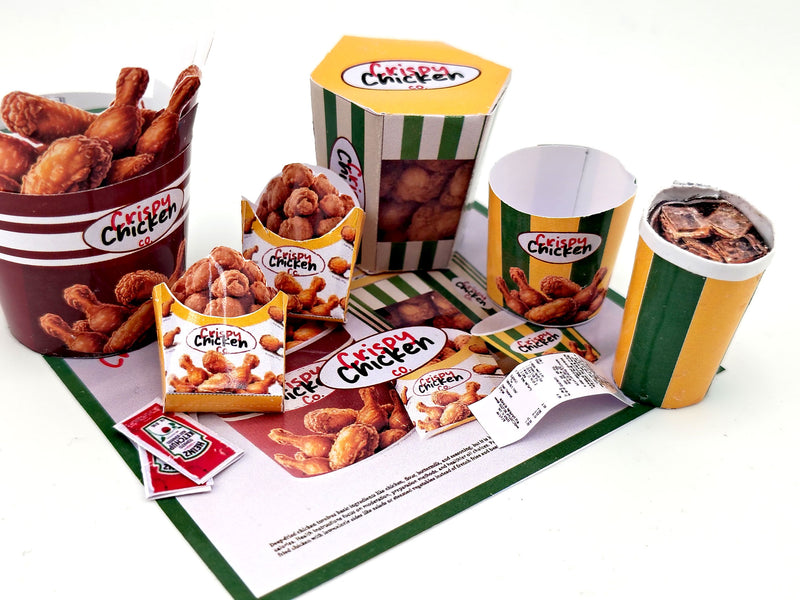 1:6 Scale Dollhouse Fried Chicken Set – Printable Miniature Fast Food (PDF Download)