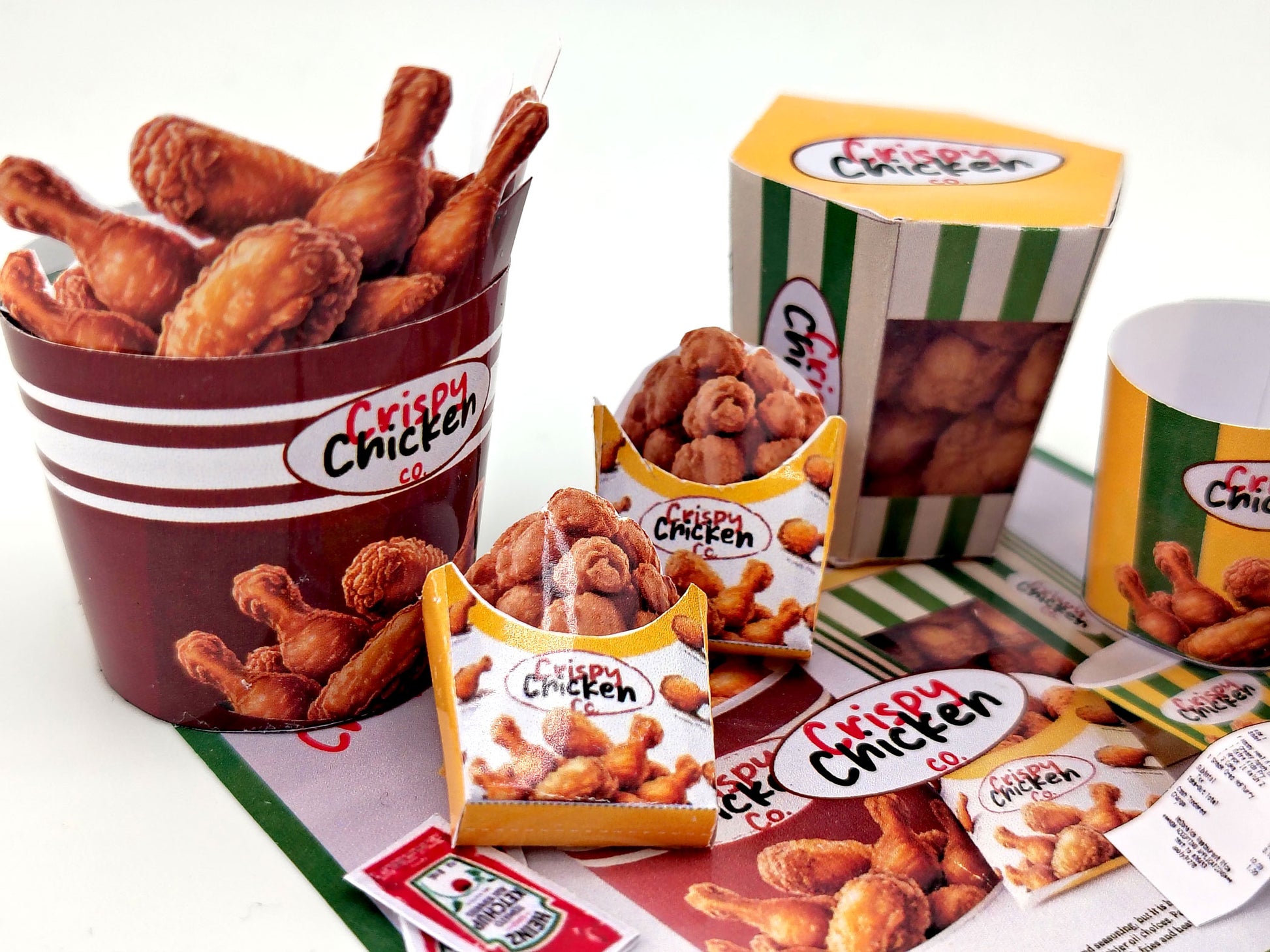 1:6 scale 10 piece Deep Fried Chicken Bucket night meal set Printable Dollhouse Fast Food for doll - yellow and green