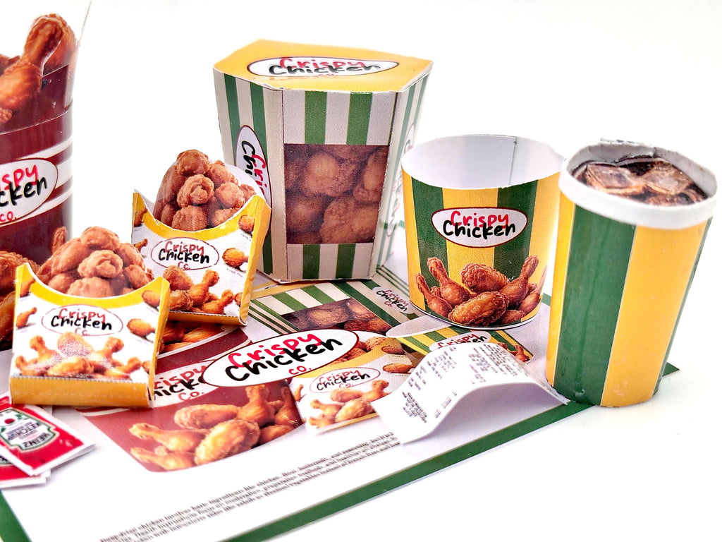 1:6 scale 10 piece Deep Fried Chicken Bucket night meal set Printable Dollhouse Fast Food for doll - yellow and green