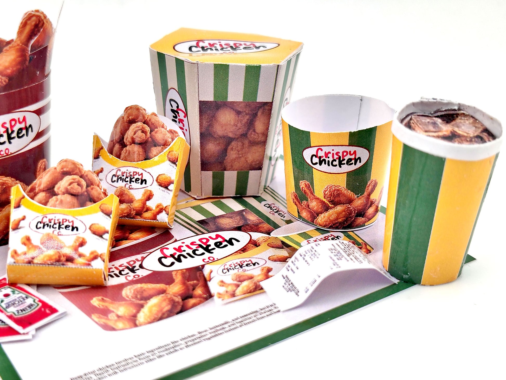 1:6 scale 10 piece Deep Fried Chicken Bucket night meal set Printable Dollhouse Fast Food for doll - yellow and green