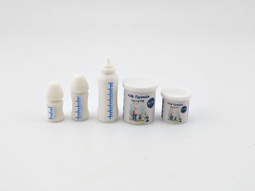 1:12 Baby Milk Bottle & Formula Set STL — 6 Styles Miniature Baby Care for Dollhouse (3D Print File, Label included, Instant Download)
