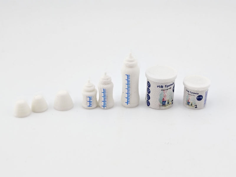 1:12 Baby Milk Bottle & Formula Set STL — 6 Styles Miniature Baby Care for Dollhouse (3D Print File, Label included, Instant Download)