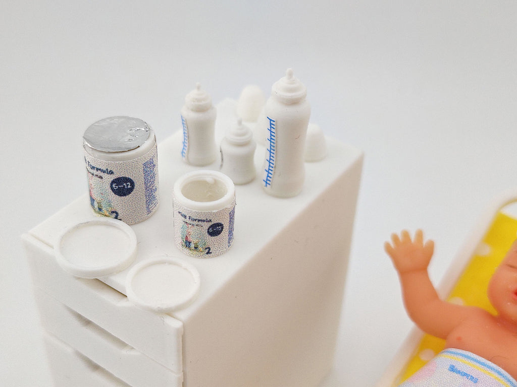 1:12 Baby Milk Bottle & Formula Set STL — 6 Styles Miniature Baby Care for Dollhouse (3D Print File, Label included, Instant Download)