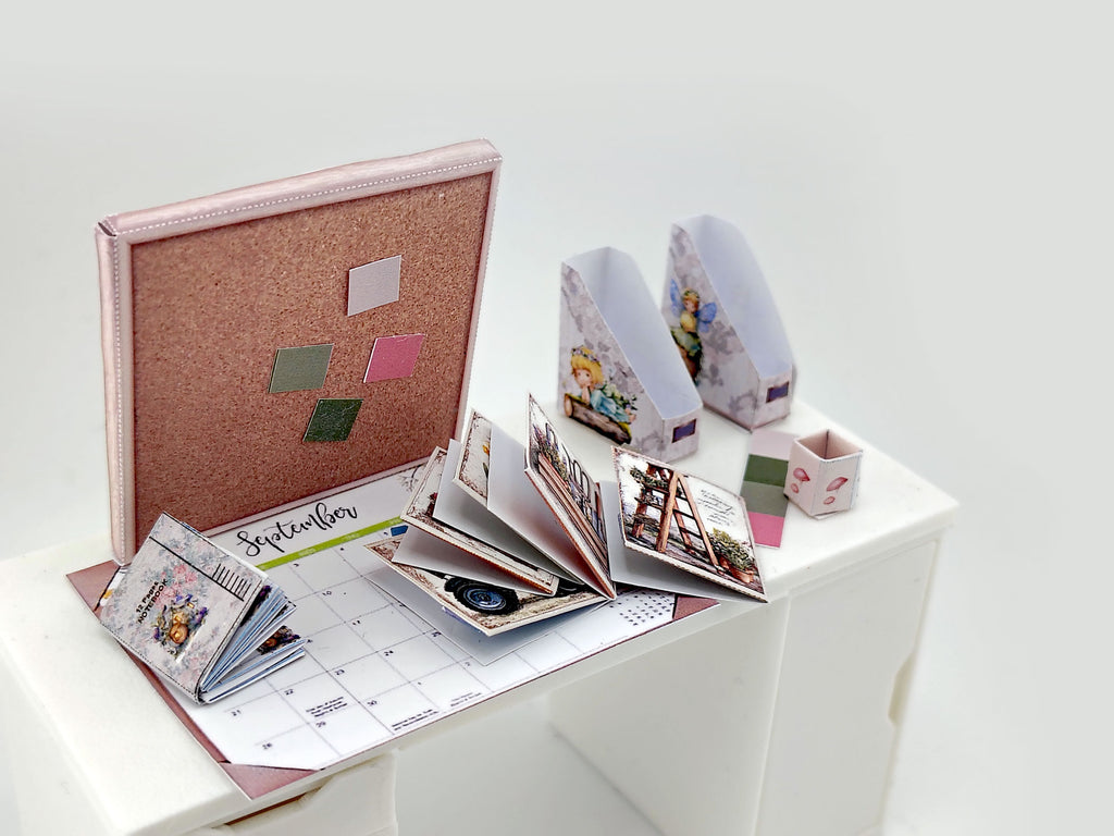1:12 Scale Spring Desk Stationery Set – Printable Dollhouse Miniatures (PDF Download, 6 Items)