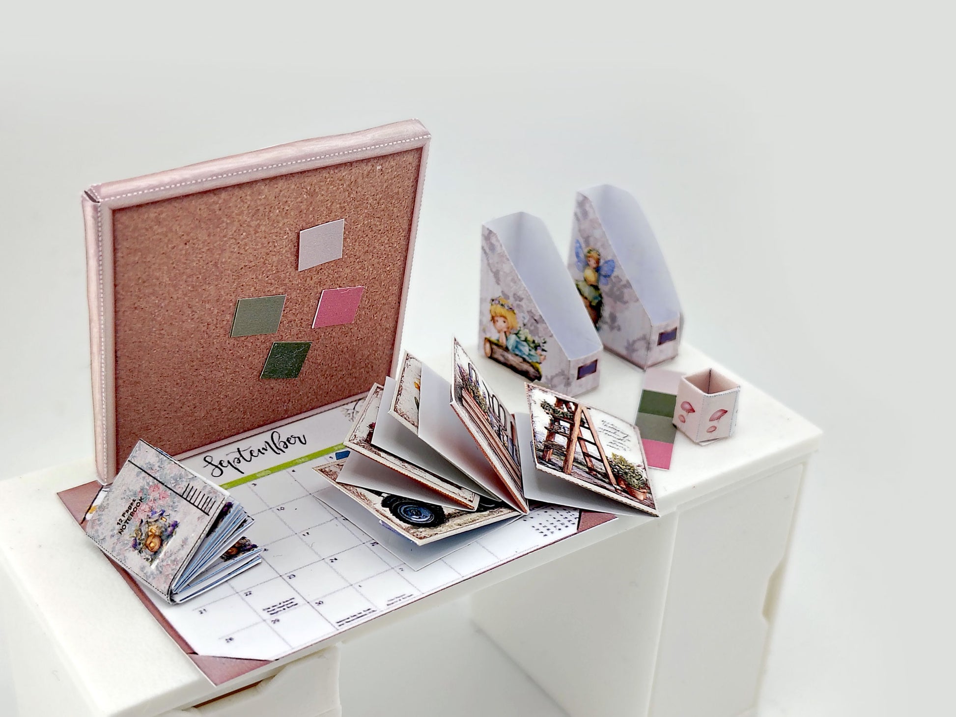 1:12 Scale Spring Desk Stationery Set – Printable Dollhouse Miniatures (PDF Download, 6 Items)