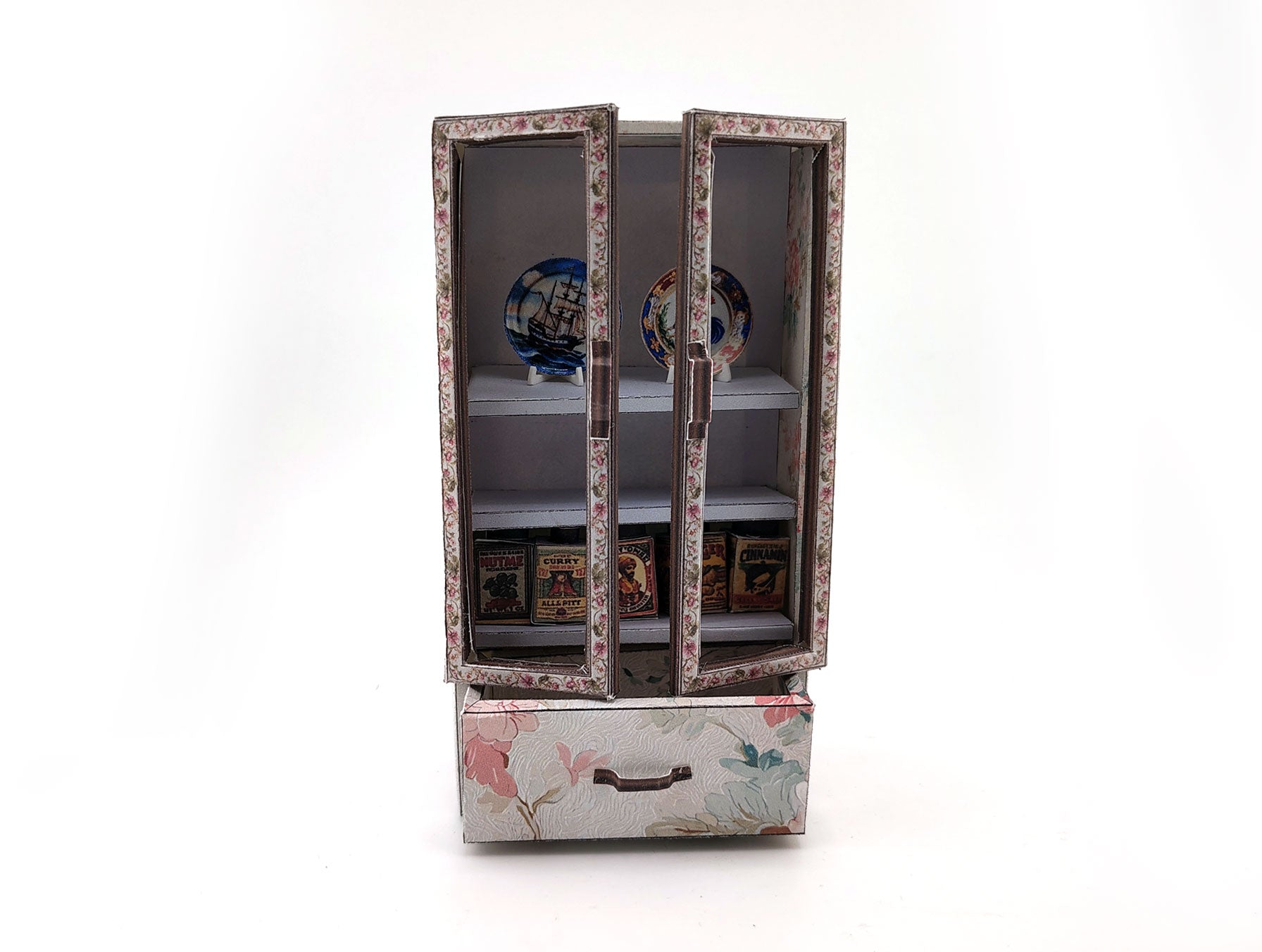 1:12 Vintage Paper Wardrobe — Openable Dollhouse Cabinet with Floral Pattern & Pull-Out Drawer (Printable, No Wood)