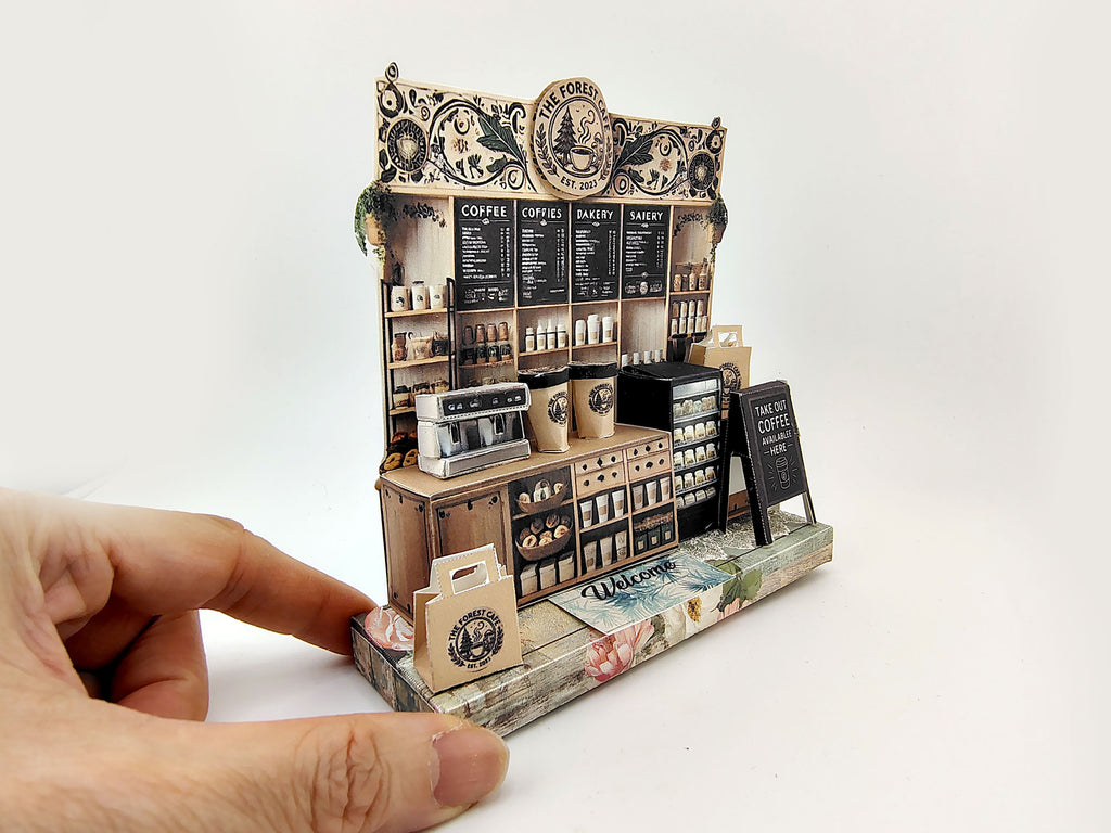 Forest Cafe-  DIY miniature stand craft kit, coffee cup, coffee machine, paper bags, 3 inches doll scenery