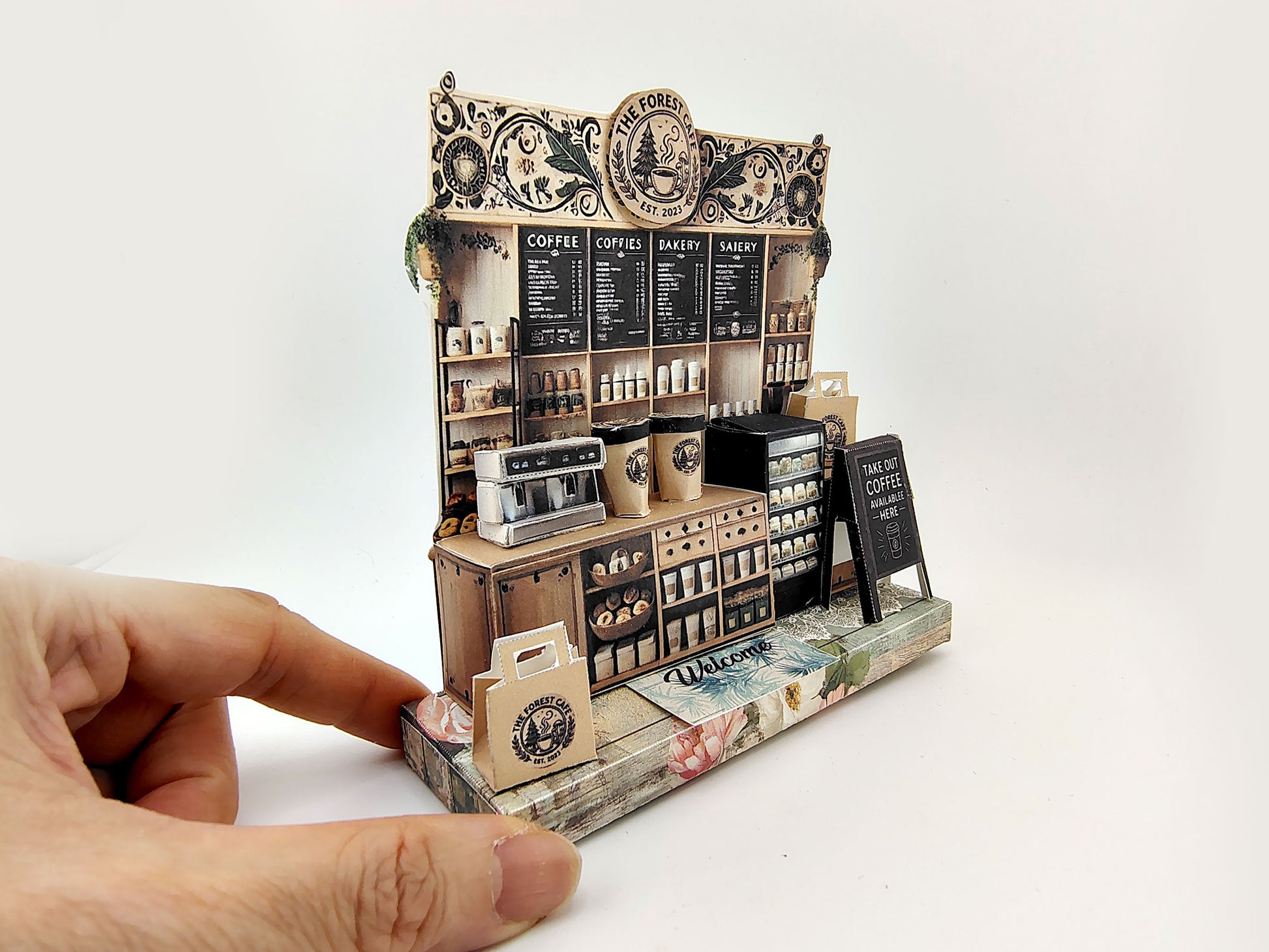 Forest Cafe-  DIY miniature stand craft kit, coffee cup, coffee machine, paper bags, 3 inches doll scenery